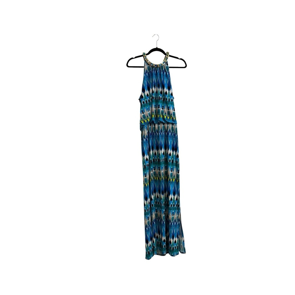 DressBarn Blue Ikat Print Gold Chain Halter Blouson Maxi Dress Size 12